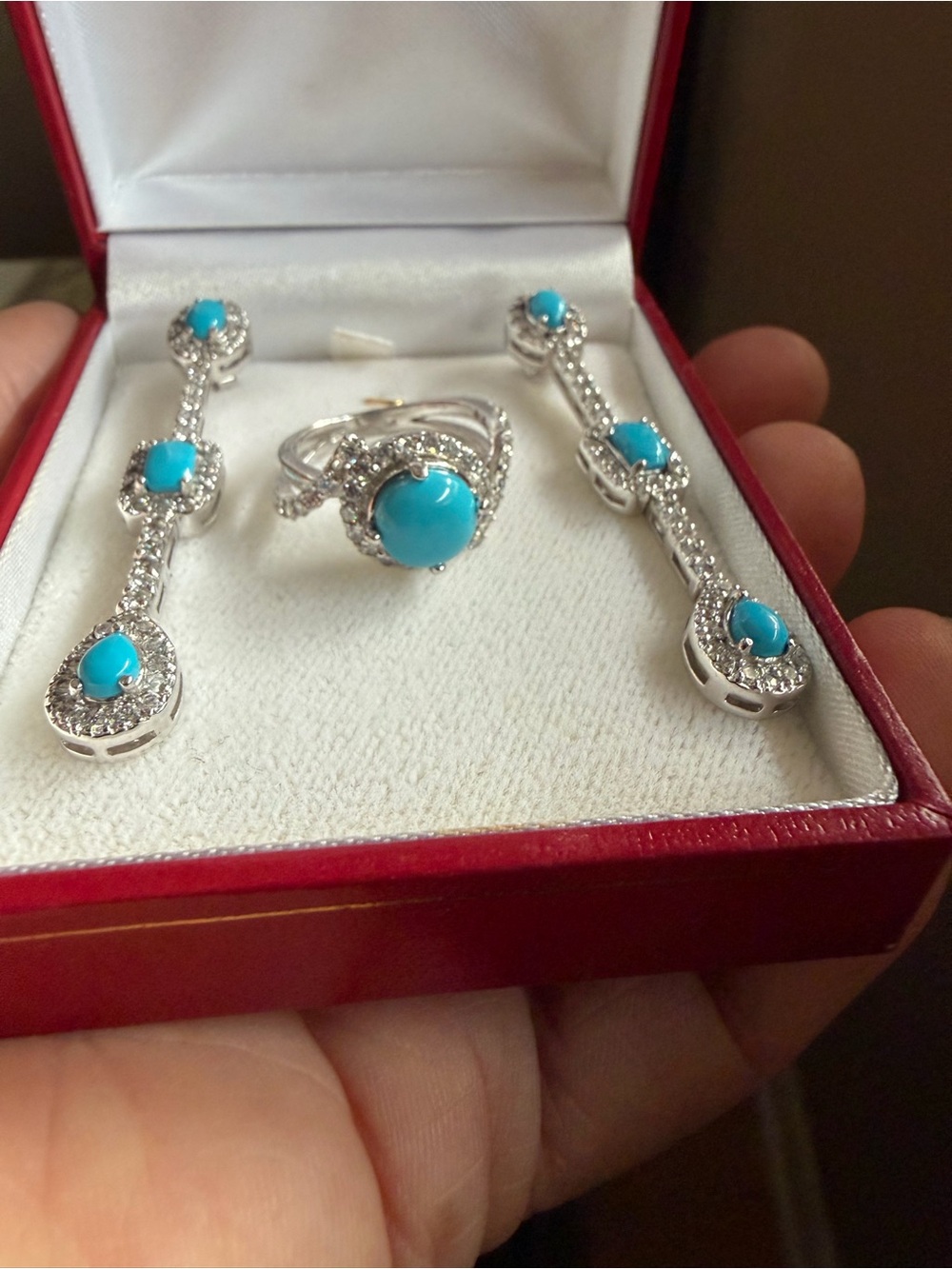 Turquoise Stone Drop Earrings with Matching Halo Ring - Blue